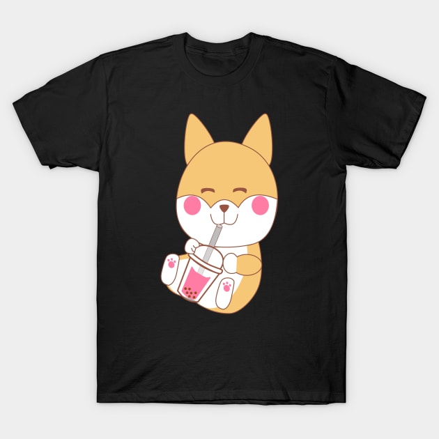 Kawaii Shiba Inu japanese dog drinking bubble boba tea T-Shirt by Ralph Hovsepian